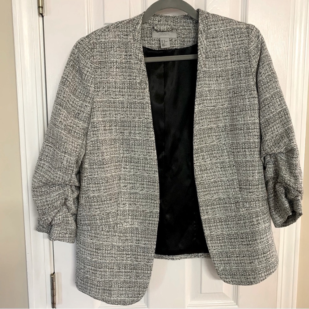 Size 10 H&M Women’s Collarless Tweed Flat Front Blazer 3/4 Sleeve Clasp